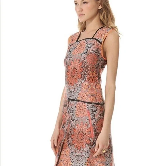 Helmut Lang Asymmetric Neon Orange Floral Medallion Jacquard Printed Mini Dress - Picture 2 of 6